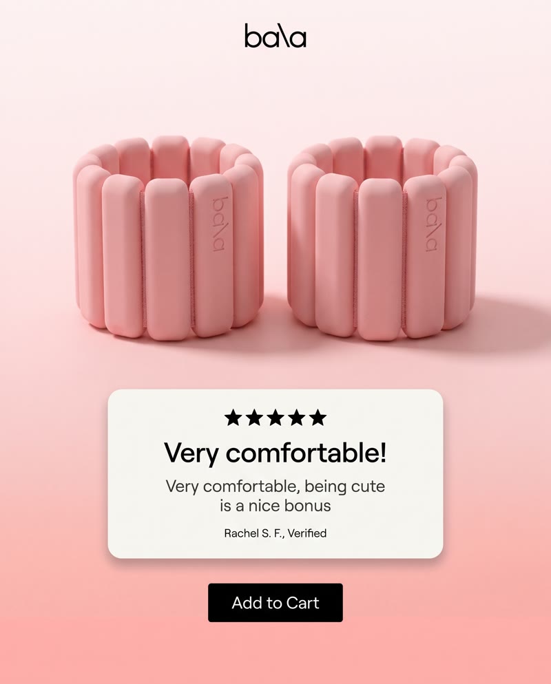 Bala Bangles ad: two pink bangles above a review card, "Very comfortable!"