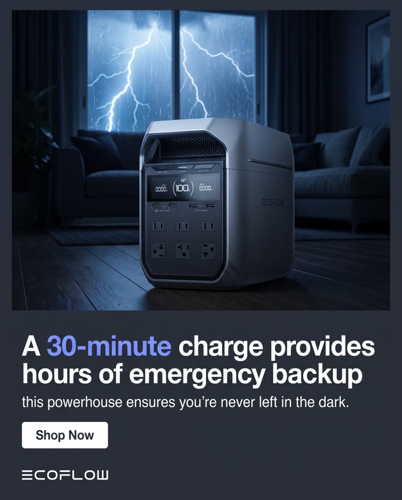 EcoFlow power station ad: the unit in a living room during a lightning storm, with "A 30-minute charge provides hours of emergency backup"