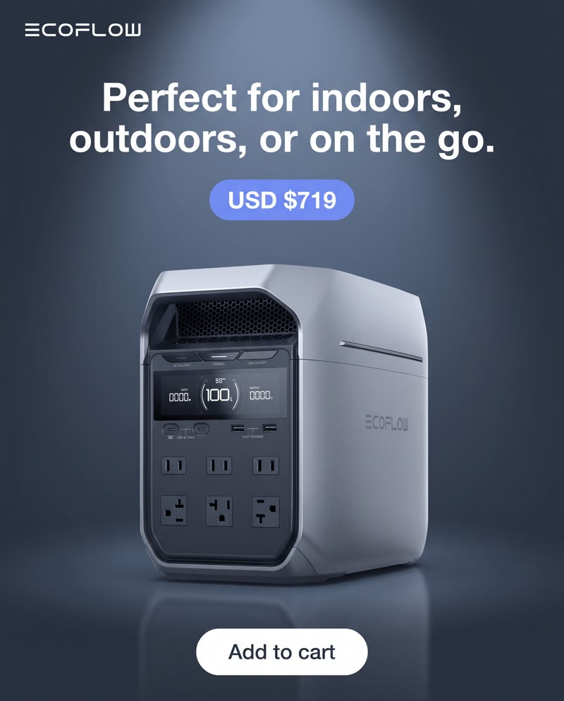 EcoFlow power station ad: the headline "Perfect for indoors, outdoors, or on the go." and the price above the unit