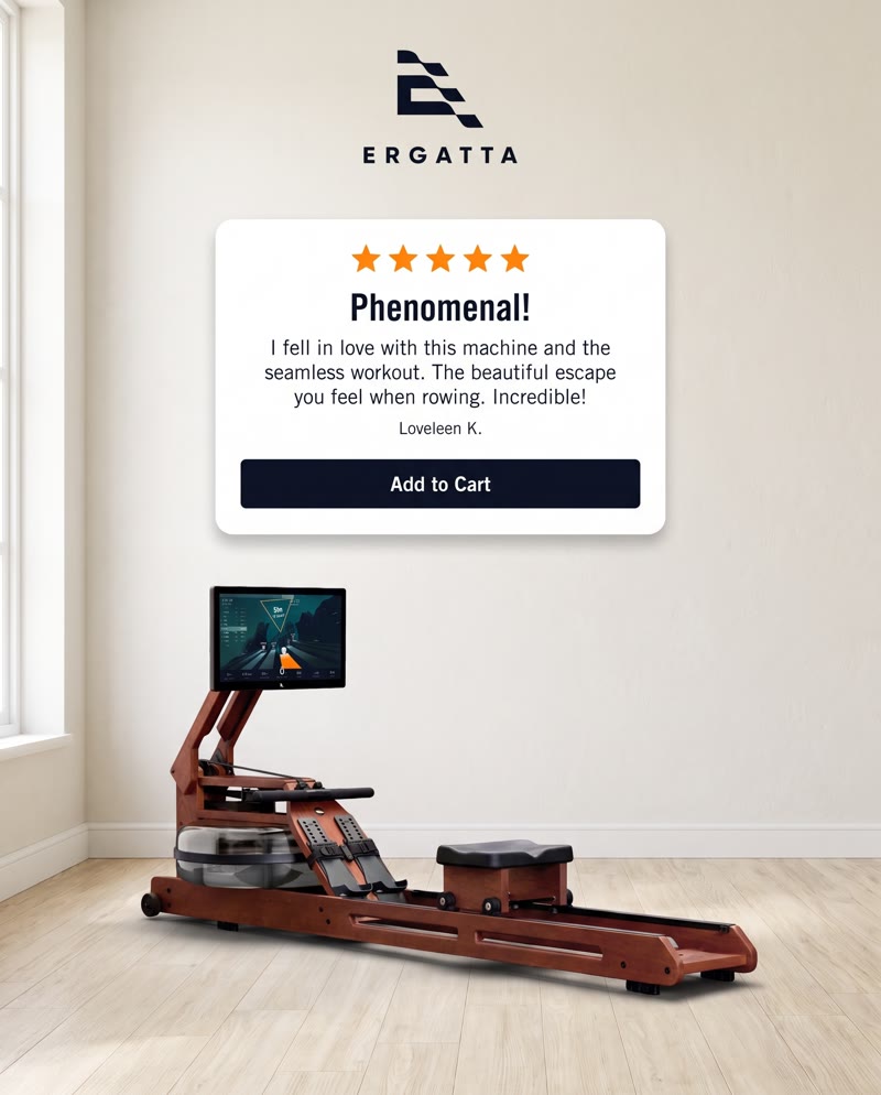 Ergatta rower ad: the rower in a bright room under a five-star review card, "Phenomenal!"