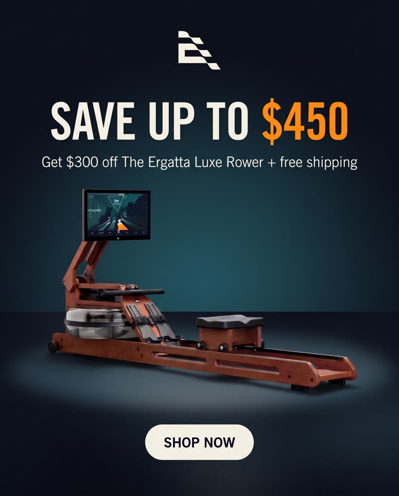 Ergatta rower ad: the headline "Save up to $450" above the rower in a spotlight