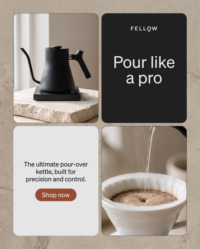 Fellow Stagg EKG ad: a four-panel grid with the black kettle on stone, "Pour like a pro", the line "The ultimate pour-over kettle, built for precision and control." and a pour into a dripper