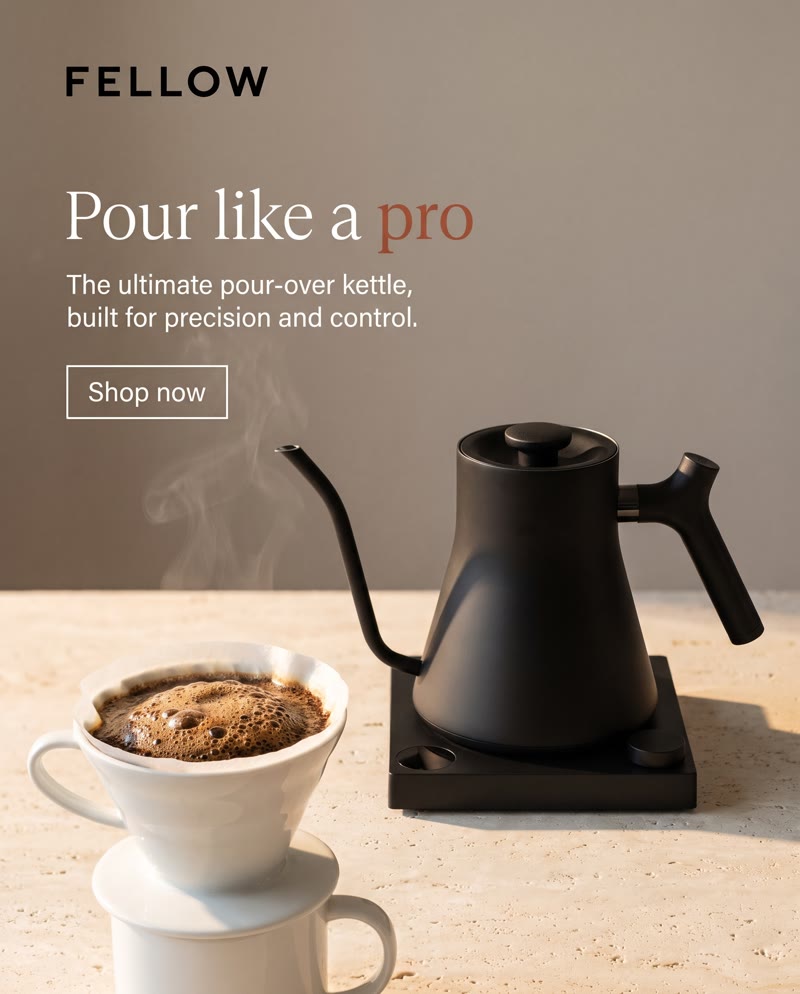 Fellow Stagg EKG ad: the black kettle beside a pour-over dripper in warm light, with the headline "Pour like a pro"