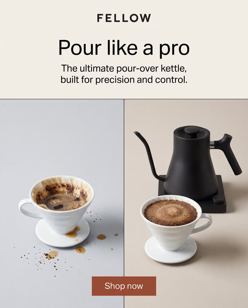 Fellow Stagg EKG ad: the headline "Pour like a pro" above two panels, a used dripper and the kettle beside a fresh brew