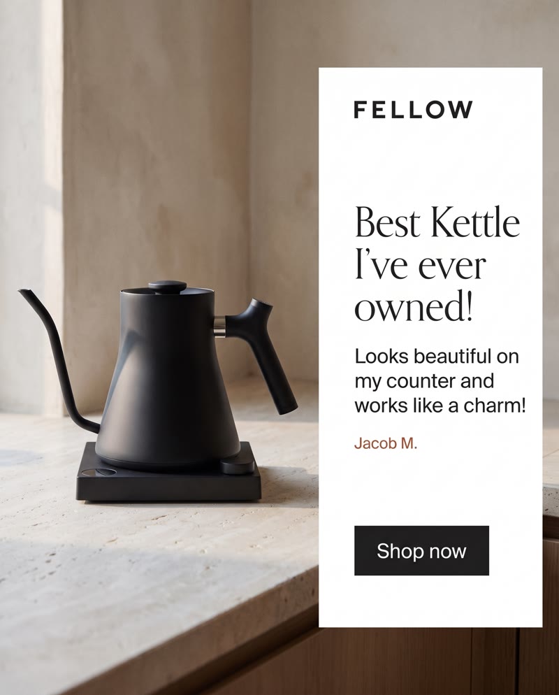 Fellow Stagg EKG ad: the kettle on a counter beside a white card with the review "Best Kettle I've ever owned!"