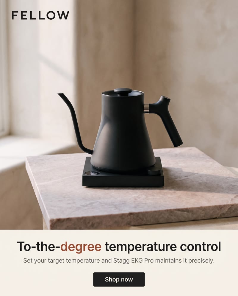 Fellow Stagg EKG ad: the kettle on a stone block above the line "To-the-degree temperature control"