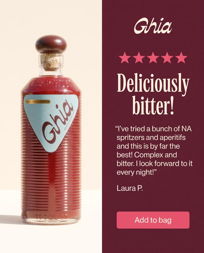 Ghia ad: the bottle large beside a maroon panel with five stars and the review "Deliciously bitter!"