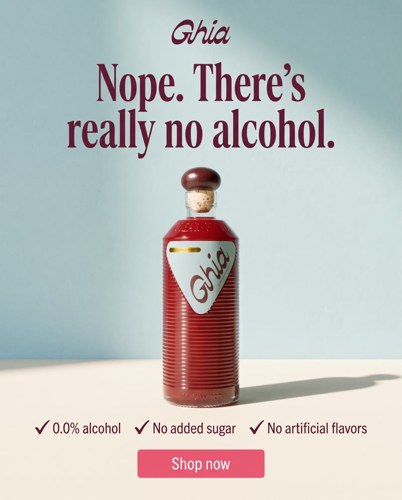 Ghia ad: the headline "Nope. There's really no alcohol." above the bottle and three checks