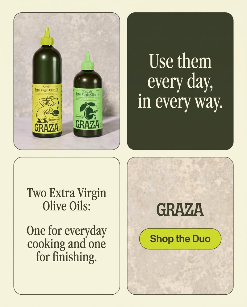 Graza ad: a four-panel grid with the Sizzle and Drizzle bottles, the line "Use them every day, in every way.", the two oils explained and a Shop the Duo button
