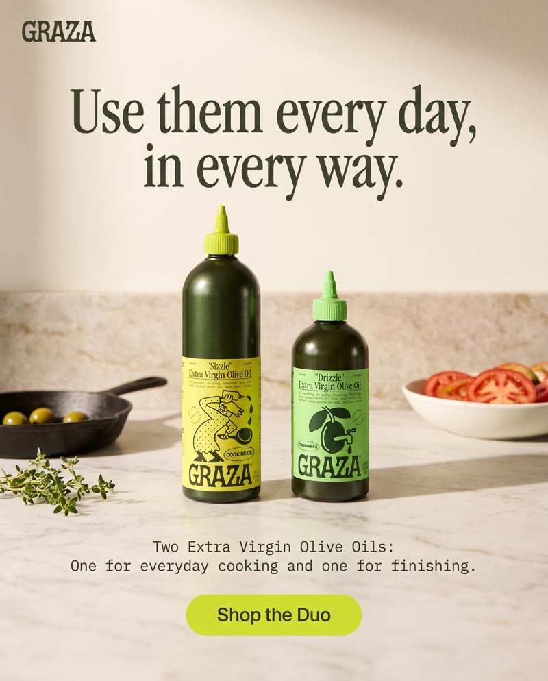 Graza ad: the two bottles on a kitchen counter with a skillet and tomatoes, the headline "Use them every day, in every way." and a Shop the Duo button