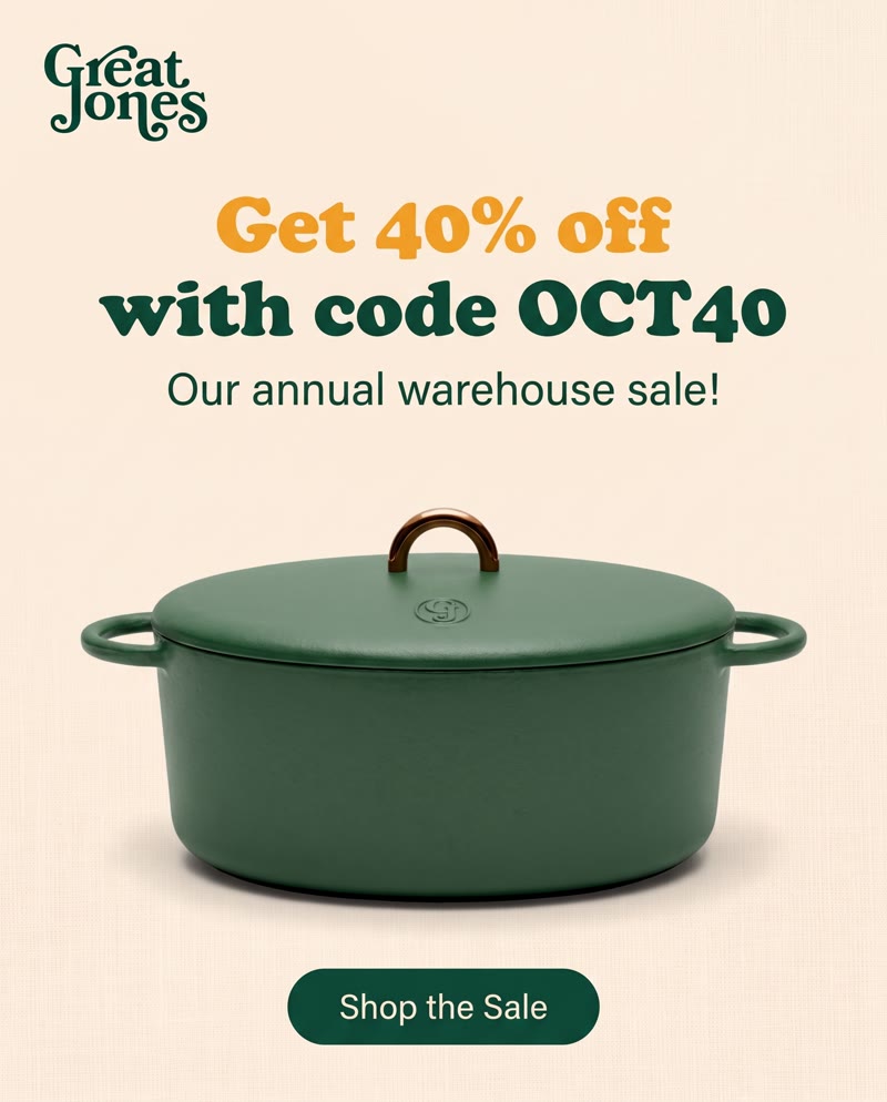 Great Jones ad: the headline "Get 40% off with code OCT40" above the green oval Dutch oven