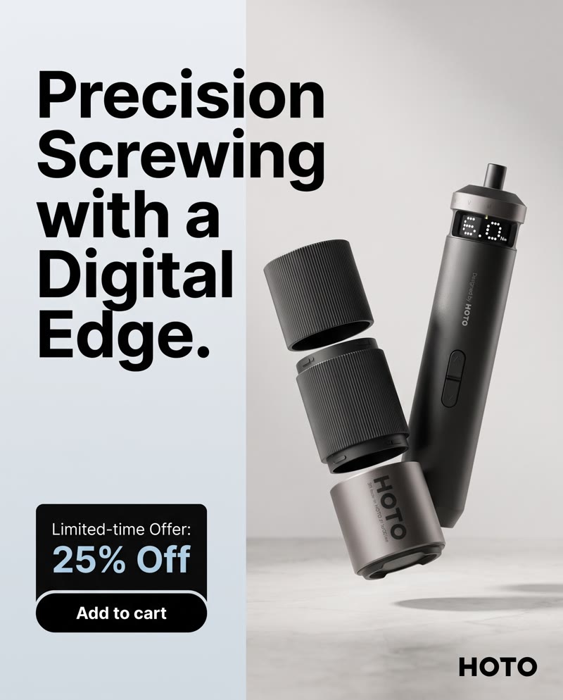 HOTO PixelDrive ad: the screwdriver and its stacked bit case floating on a pale backdrop, the headline "Precision Screwing with a Digital Edge." and the 25% off offer
