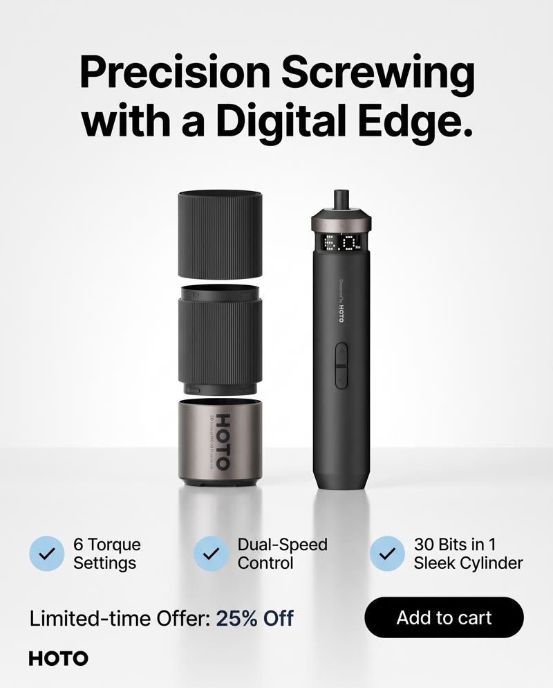 HOTO PixelDrive ad: the screwdriver and bit case on white with three checks, 6 torque settings, dual-speed control and 30 bits in one cylinder