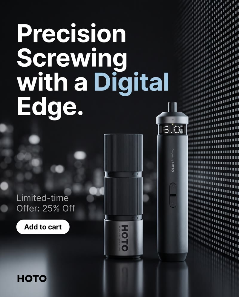 HOTO PixelDrive ad: the screwdriver and bit case in front of a night city, the headline "Precision Screwing with a Digital Edge." and the 25% off offer