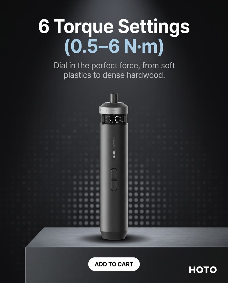 HOTO PixelDrive ad: the screwdriver on a dark plinth with the headline "6 Torque Settings (0.5–6 N·m)"