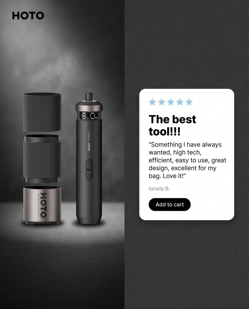 HOTO PixelDrive ad: the screwdriver and bit case beside a five-star review card, "The best tool!!!"