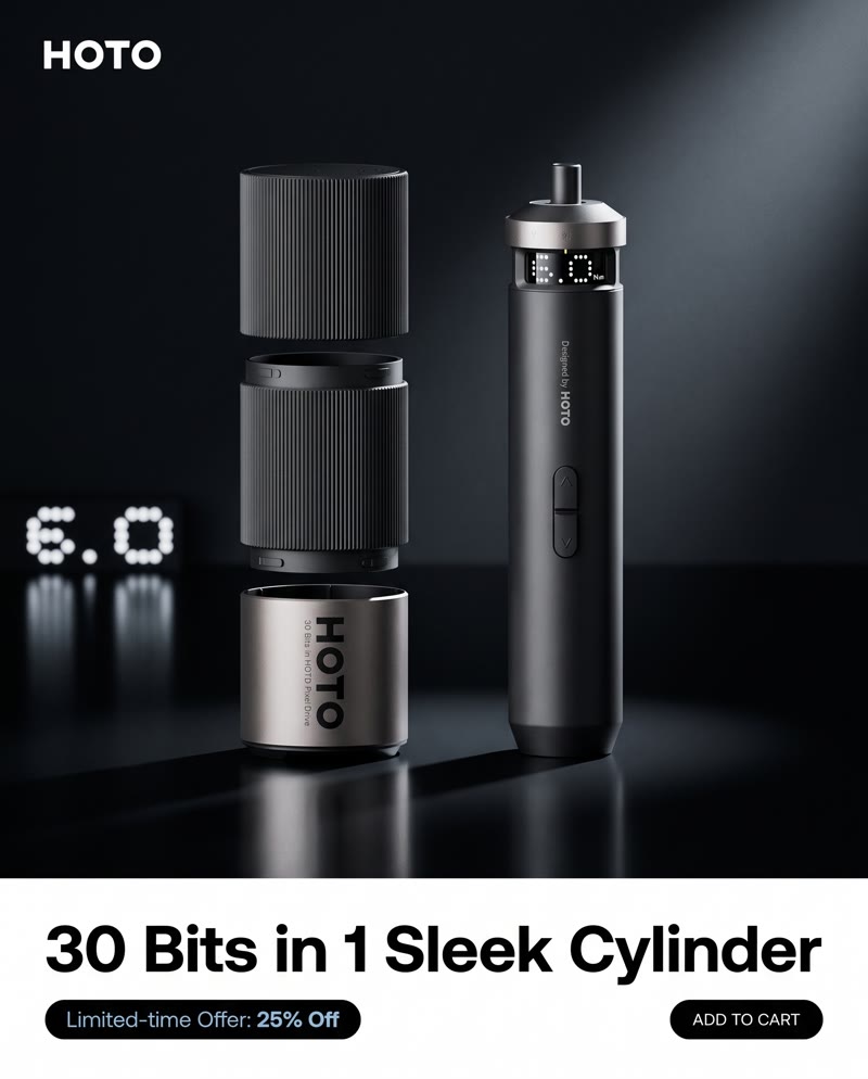 HOTO PixelDrive ad: the screwdriver and bit case on black above the line "30 Bits in 1 Sleek Cylinder"