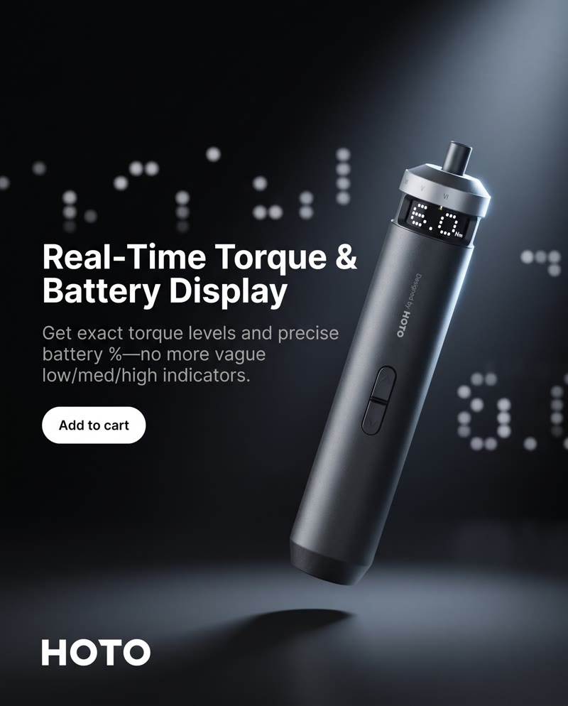 HOTO PixelDrive ad: the screwdriver at an angle among glowing digits, with the headline "Real-Time Torque & Battery Display"
