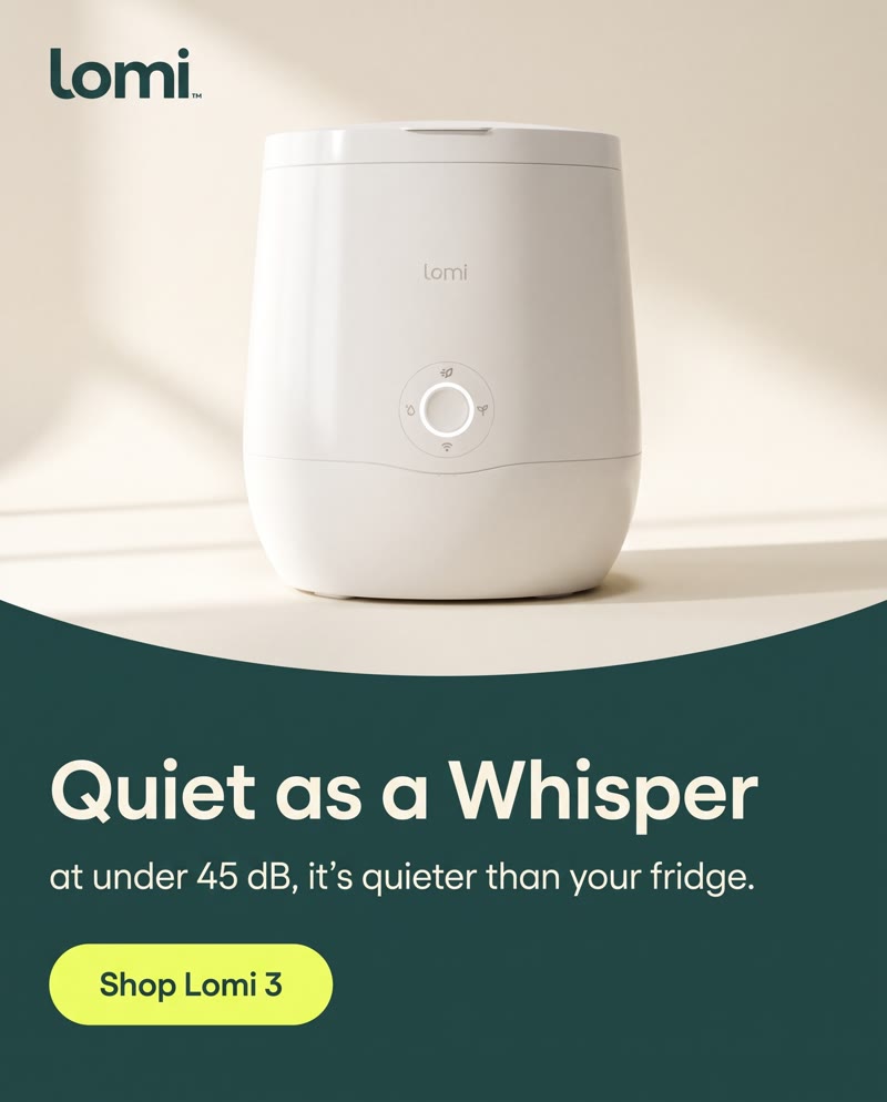 Lomi ad: the composter on a counter above the headline "Quiet as a Whisper"