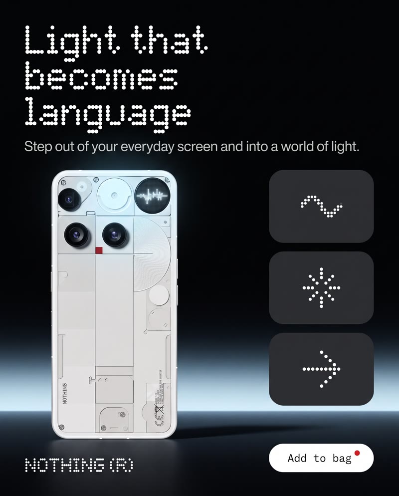 Nothing Phone (3) ad: the white phone with its glyph matrix showing a waveform, three tiles with light icons and the dot-matrix headline "Light that becomes language"