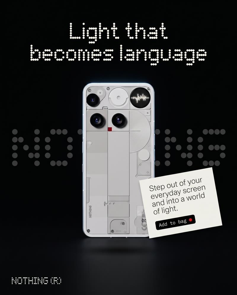Nothing Phone (3) ad: the phone floating over a dot-matrix NOTHING wordmark, with a note card that says "Step out of your everyday screen and into a world of light."