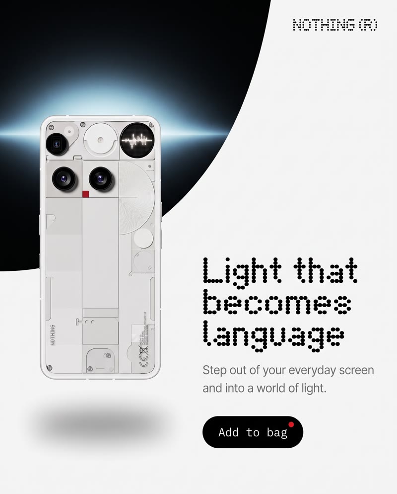 Nothing Phone (3) ad: the phone on a black and white split background with the headline "Light that becomes language" and an Add to bag button