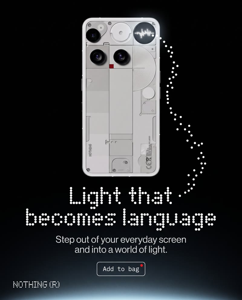 Nothing Phone (3) ad: the phone on black with a trail of light dots running from its glyph matrix down to the headline "Light that becomes language"
