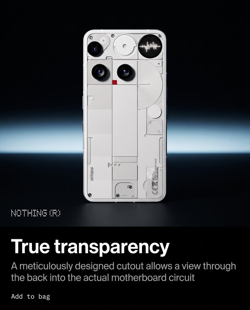 Nothing Phone (3) ad: the transparent back of the phone above the headline "True transparency"
