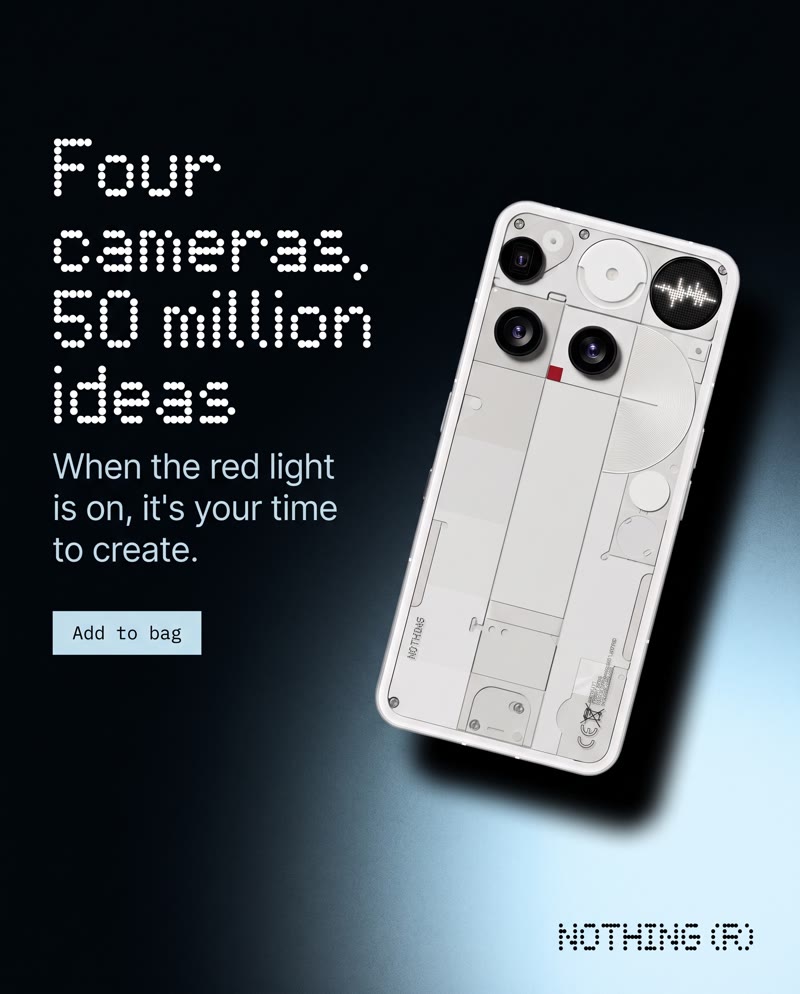 Nothing Phone (3) ad: the phone tilted on black with the dot-matrix headline "Four cameras, 50 million ideas"