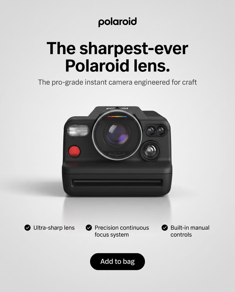 Polaroid I-2 ad: the camera on light grey with the headline "The sharpest-ever Polaroid lens." and three checks: ultra-sharp lens, precision continuous focus, built-in manual controls