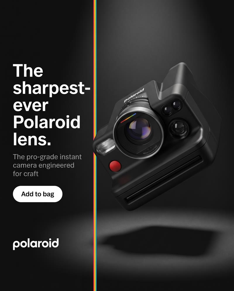Polaroid I-2 ad: the camera floating at an angle on black with the headline "The sharpest-ever Polaroid lens." beside it