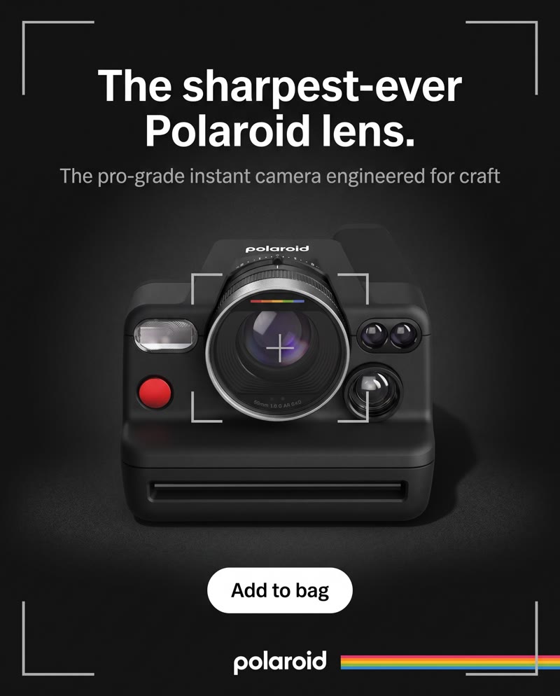 Polaroid I-2 ad: the camera framed by viewfinder corner marks on black, with the headline "The sharpest-ever Polaroid lens." and an Add to bag button