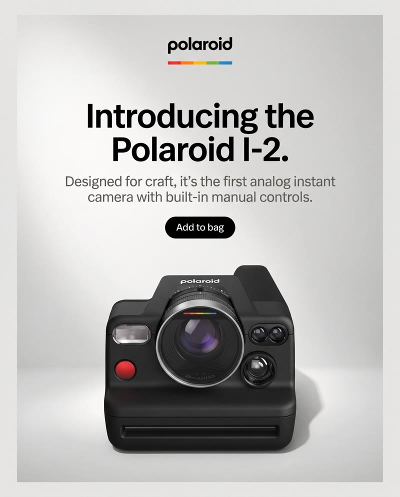 Polaroid I-2 ad: the headline "Introducing the Polaroid I-2." above the camera on light grey