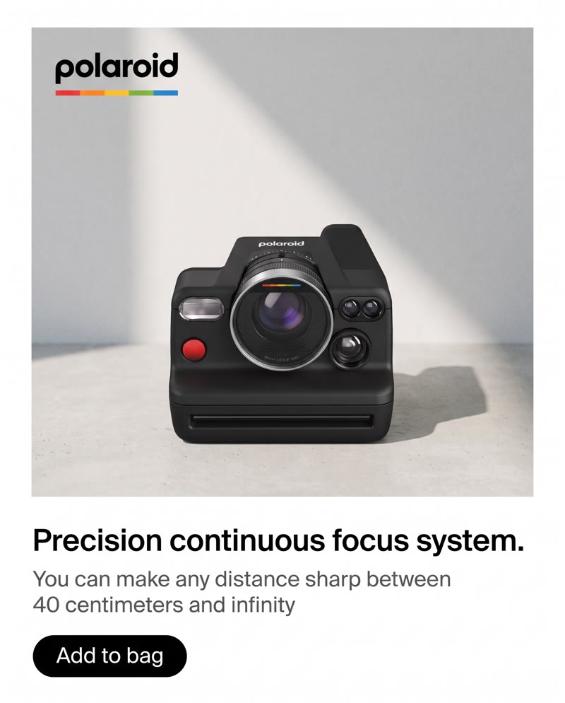 Polaroid I-2 ad: the camera in a sunlit corner above the line "Precision continuous focus system."