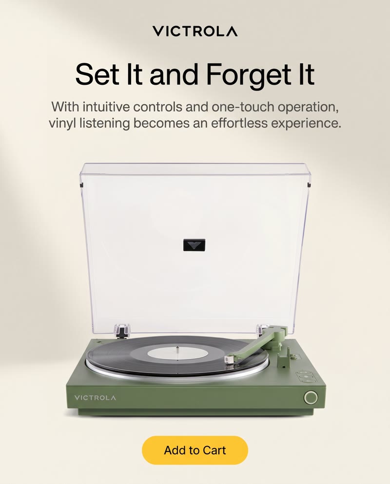 Victrola Automatic Turntable ad: the headline "Set It and Forget It" above the green turntable