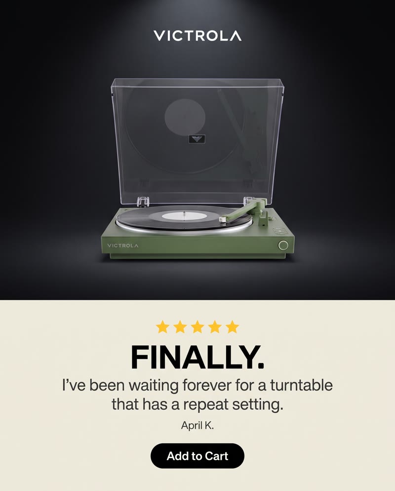 Victrola Automatic Turntable ad: the turntable on black above a review, "FINALLY."