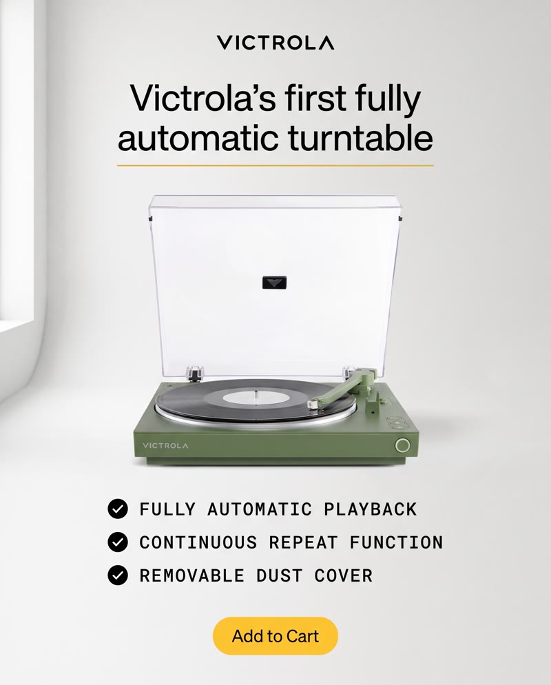 Victrola Automatic Turntable ad: the headline "Victrola's first fully automatic turntable" and three features