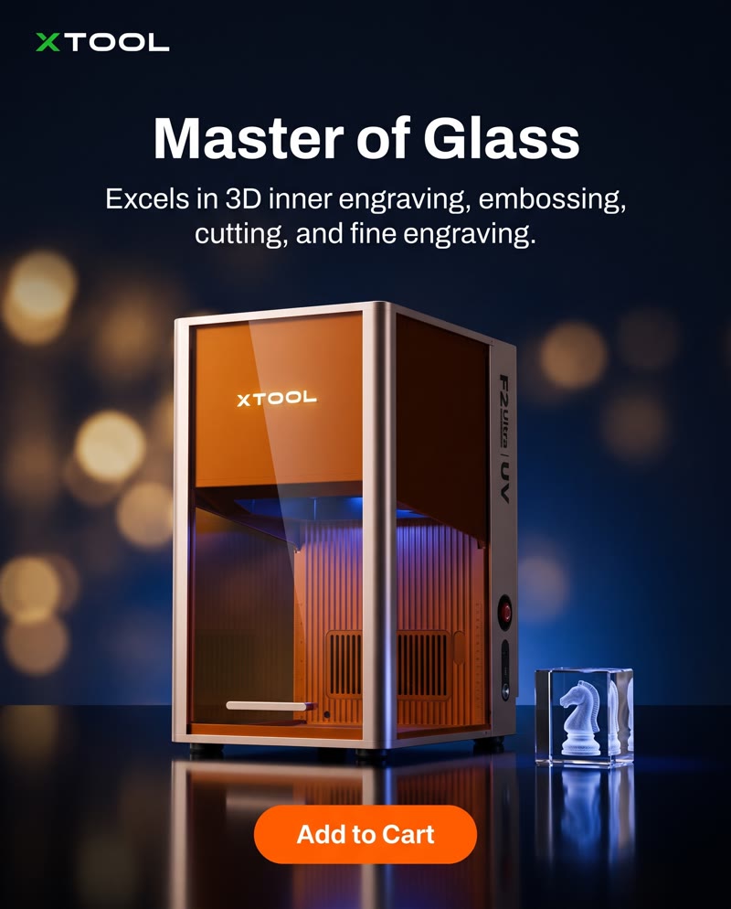 xTool F2 Ultra UV ad: the laser with a glass chess knight inside a cube, the headline "Master of Glass"