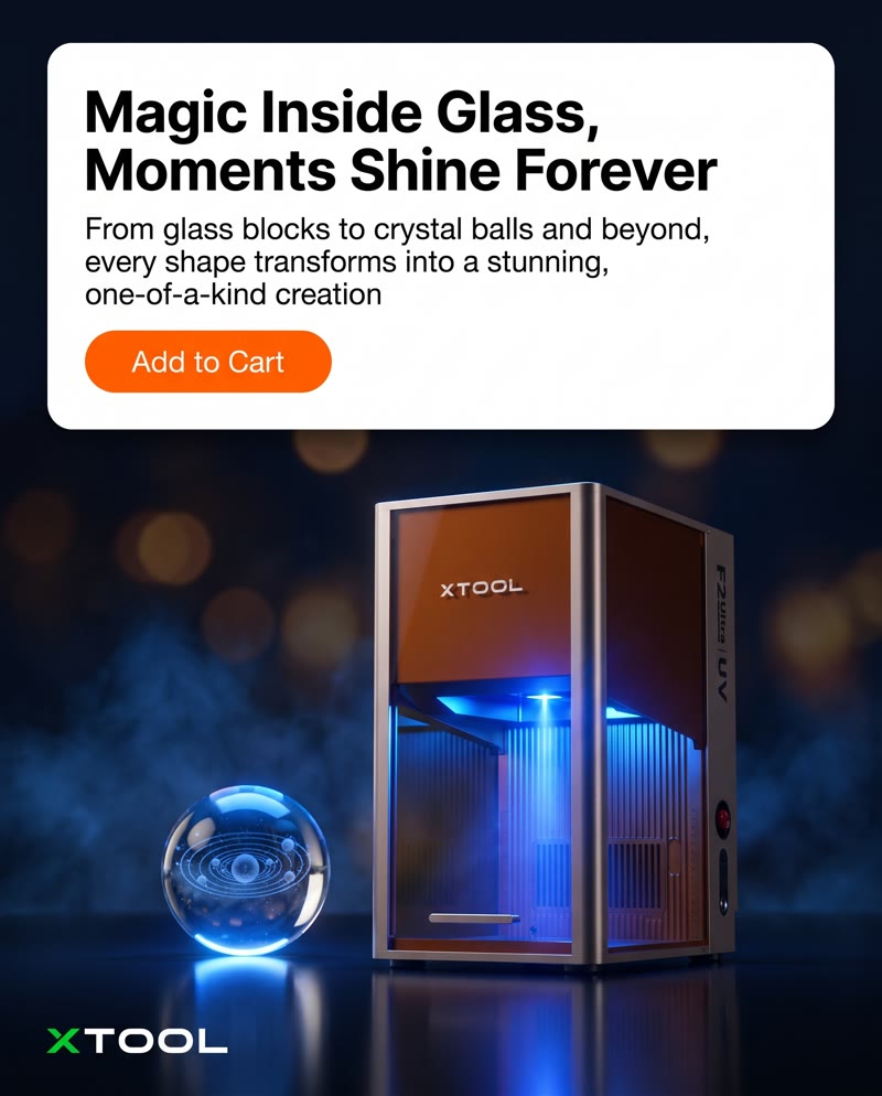 xTool F2 Ultra UV ad: the headline "Magic Inside Glass, Moments Shine Forever" above the laser engraving a crystal ball